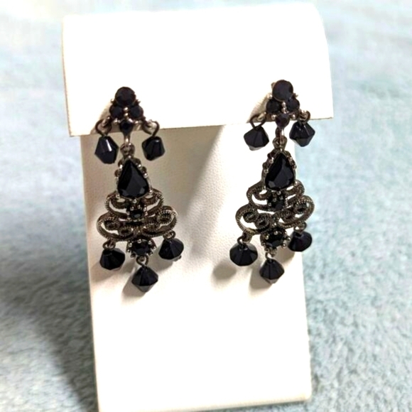 Jewelry - Vintage Black Bead and Antiqued Silvertone Chandelier Pierced Earrings